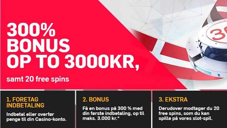 300% bonus op til kr. 3.000,- + 20 gratis spins venter på dette Playtech casino