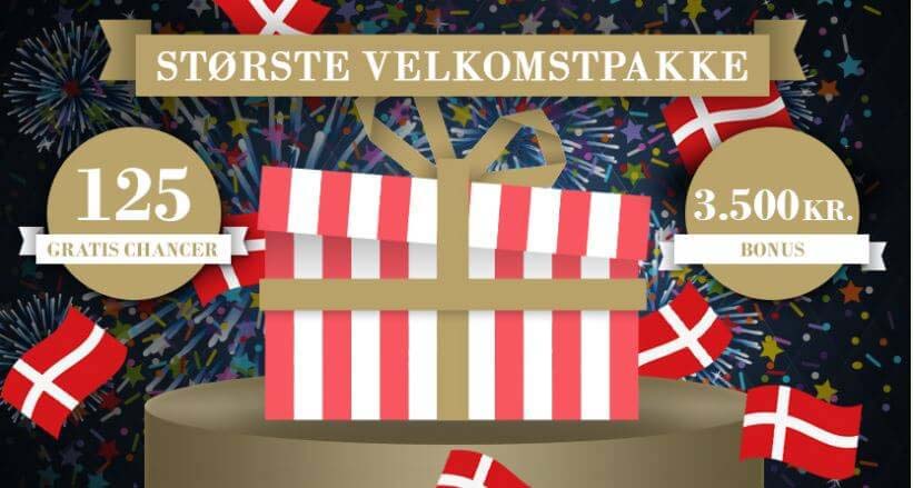 Største velkomstpakke med 125 gratis chancer og 100% bonus op til kr. 3.500,-. Største velkomstpakke med 125 gratis chancer og 100% bonus op til kr. 3.500,-.
