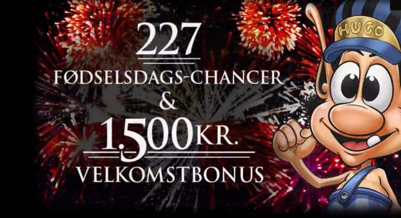 227 fødselsdags-chancer på HUGO2 udloddes af Danmarks flotteste online casino